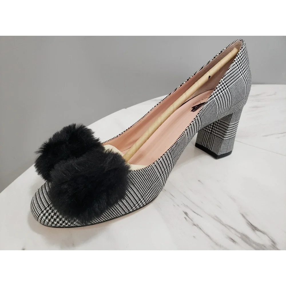 NEW SZ 8 Kate Spade Prince Wales Carine Pumps Block Heel Houndstooth Black White - Picture 5 of 6